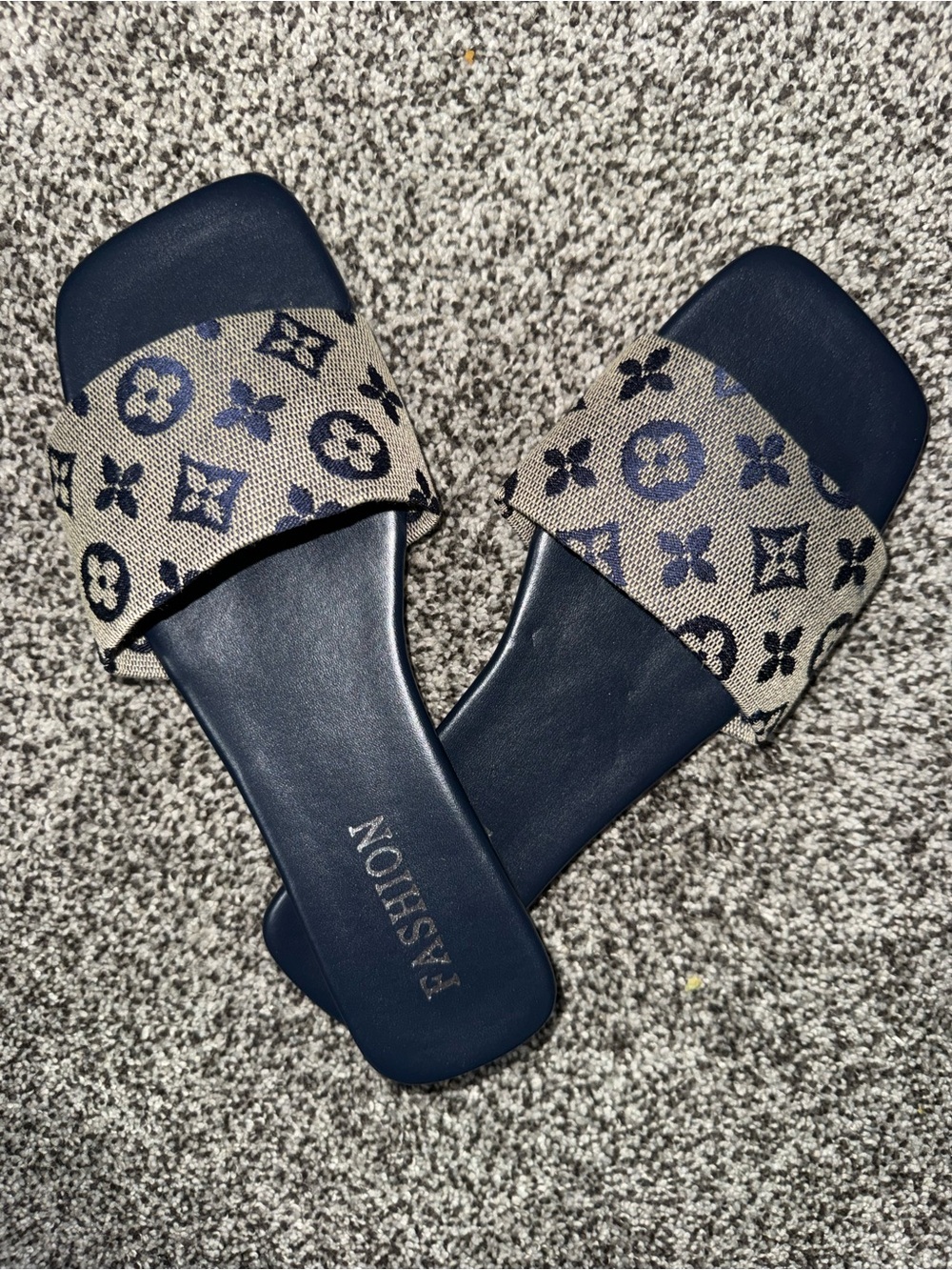 Navy Blue Fashion Inspired Monogram Slide Sandals